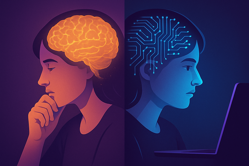 Split image of a person, left: thinking with warm glowing brain; right: staring at screen with brain as circuits.