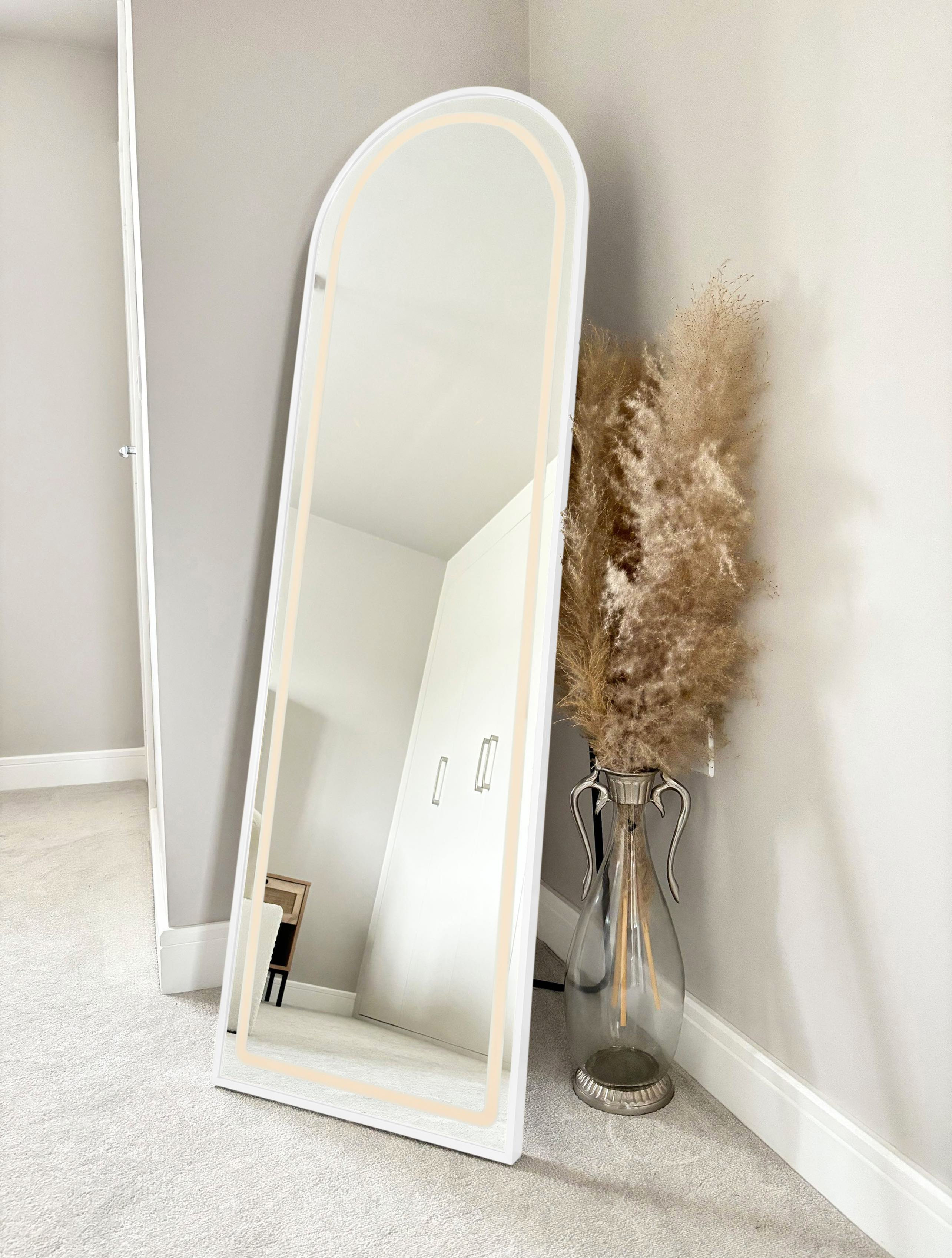 LED Arched White Metal Mirror 145cm