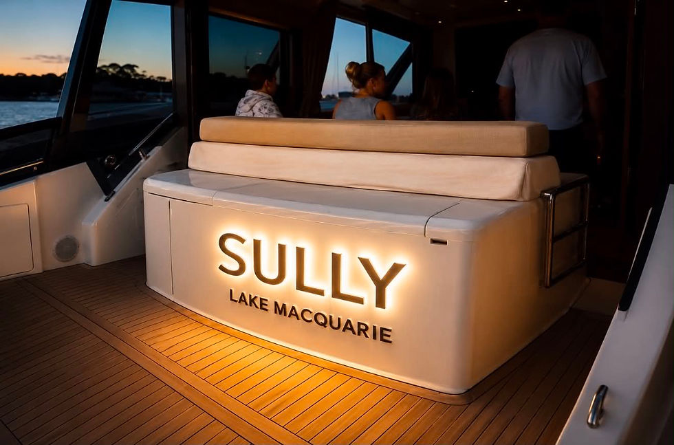 Completed illuminated boat name installation on SULLY