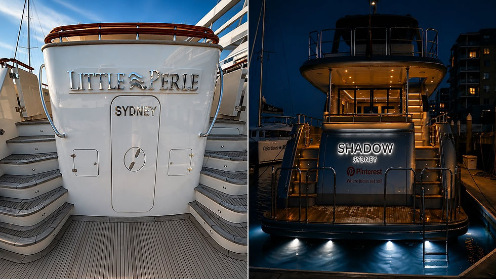 Custom stainless steel boat names showcasing elegant daytime finishes and optional LED illumination at night.