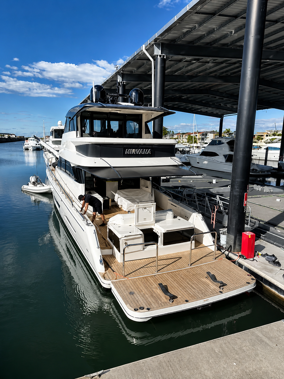 NIRVANA yacht with custom stainless steel boat name installed on the exterior