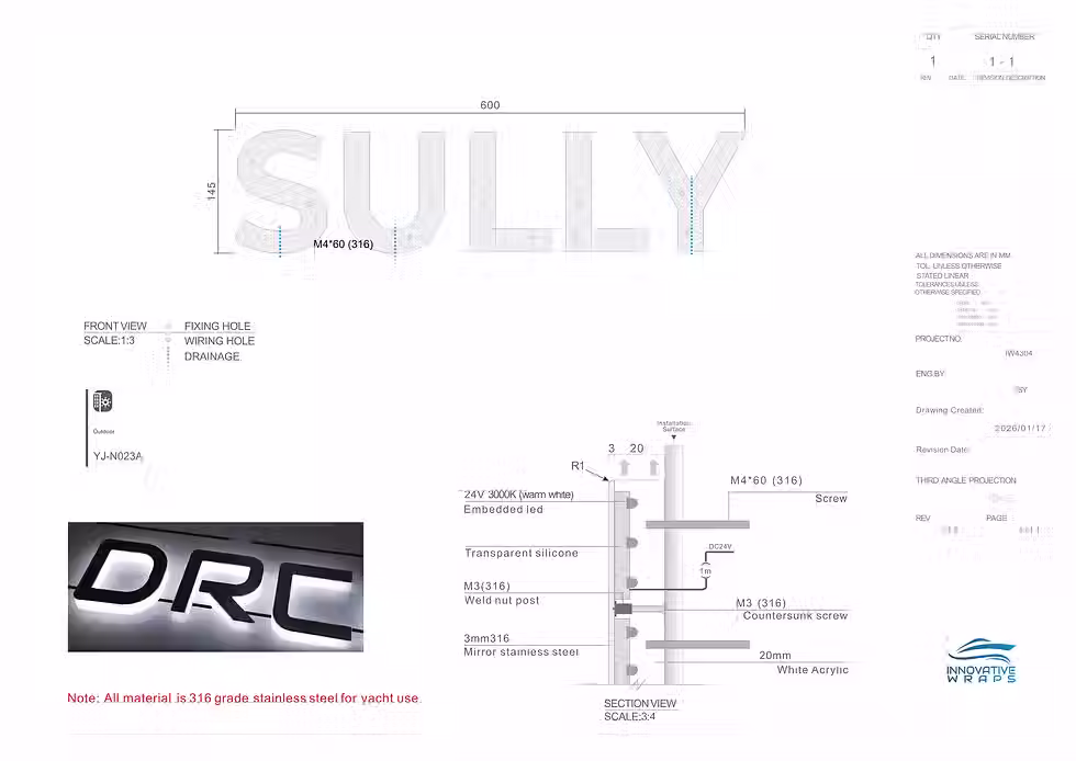 Technical drawing for a custom illuminated boat name