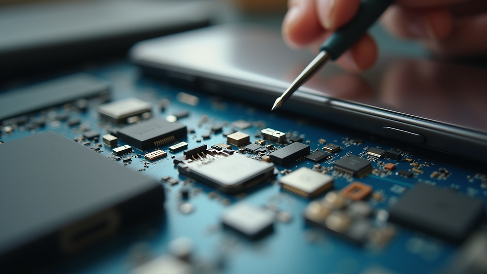 Close-up view of a smartphone repair kit with tools and components