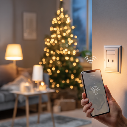 Smartphone controlling smart lighting, Christmas tree in background, Smart Solutions, cozy home.