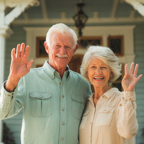 Smiling senior couple waving from their porch, greeting people warmly.