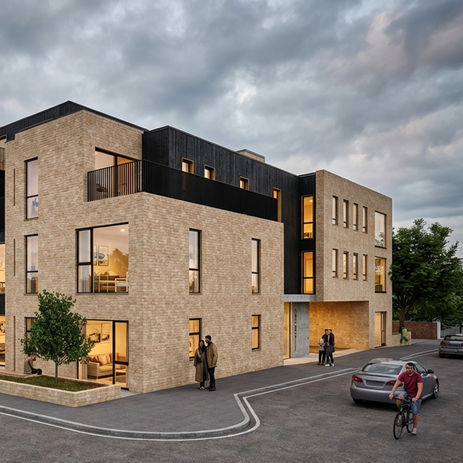 Corner perspective of a modern three-story residential building showing buff brick and black timber cladding exterior, generous glazing revealing illuminated interiors, street-level landscaping with young trees, and active streetscape with pedestrians, cyclists, and vehicles at twilight.
