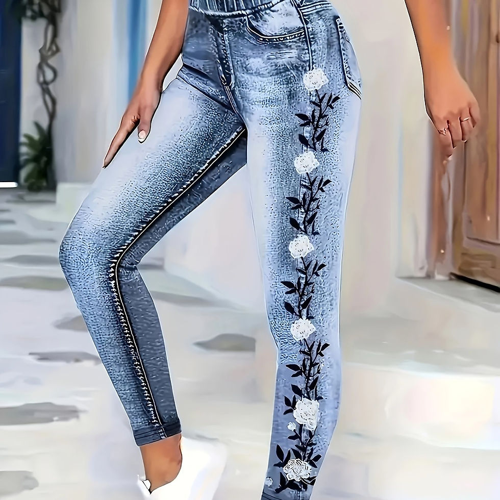 Women's Fashionable Cowboy Floral Print High Waist Skinny Jeans, Casual Stretch