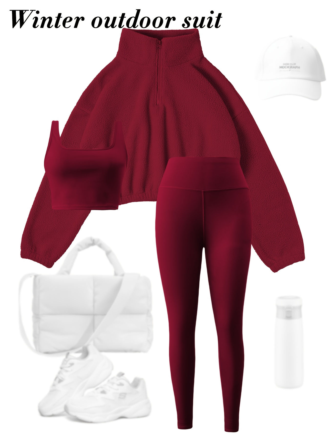 3pcs Maroon Fleece-Lined Yoga Outfit Set: Stretchy Sports Bra, High-Waist Leggin