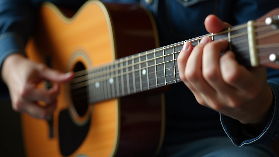 Close-up view of a student’s hand pressing guitar strings on the fretboard