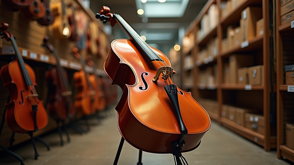 Eye-level view of a student cello resting on a stand in a music store