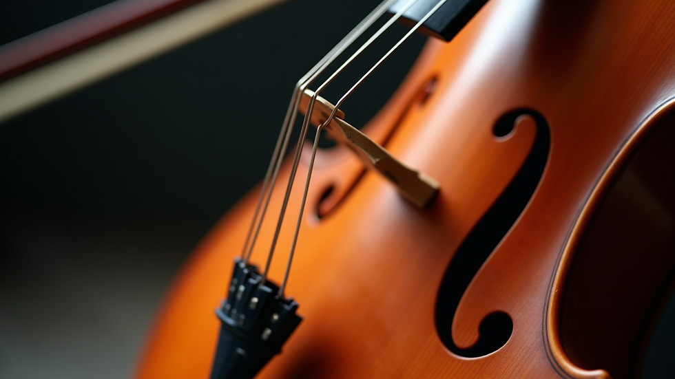 Close-up view of a cello bow resting on the strings of a cello