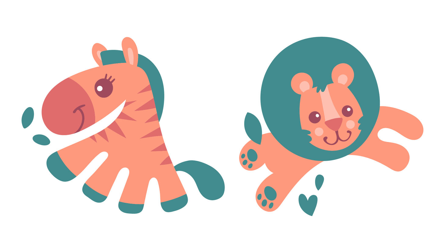 Criação de ilustrações de personagens infantis para clínica pediátrica: marca Amanda Sandri Pediatra apresentando zebra e leão com formas simplificadas e expressões amigáveis.