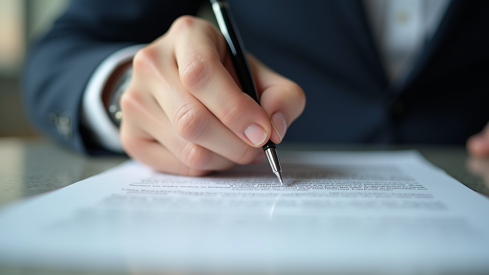 Close-up view of a notary signing a document with a pen