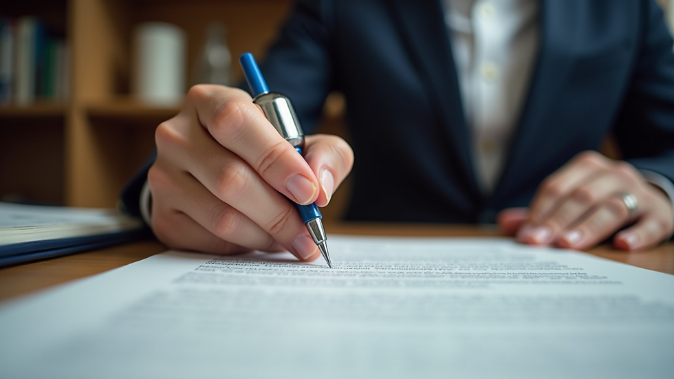 Eye-level view of a notary stamping a document on a desk