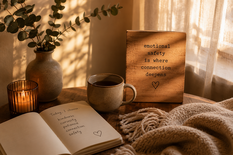 Journal and warm reading space representing emotional safety in relationships and healthy relationship communication.