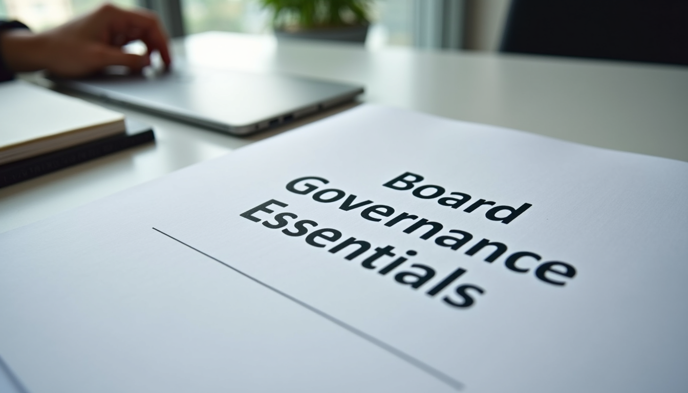 Close-up view of a training manual titled 'Board Governance Essentials'
