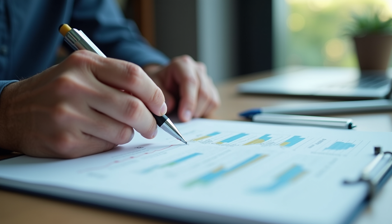 Close-up view of hands reviewing a detailed impact report
