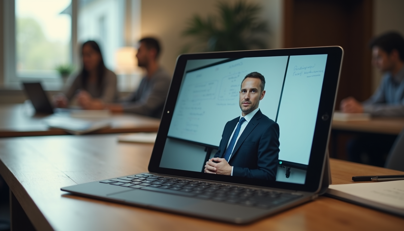 Close-up view of a tablet showing a governance course video lecture