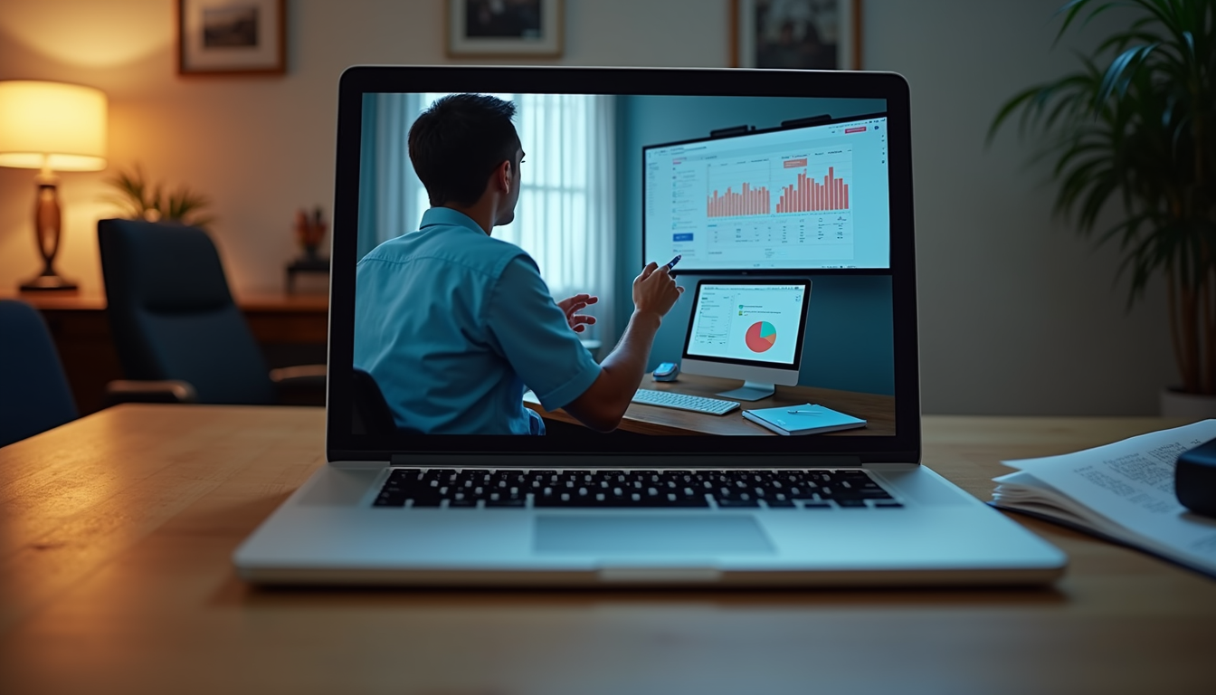 High angle view of a laptop screen showing an online board training session