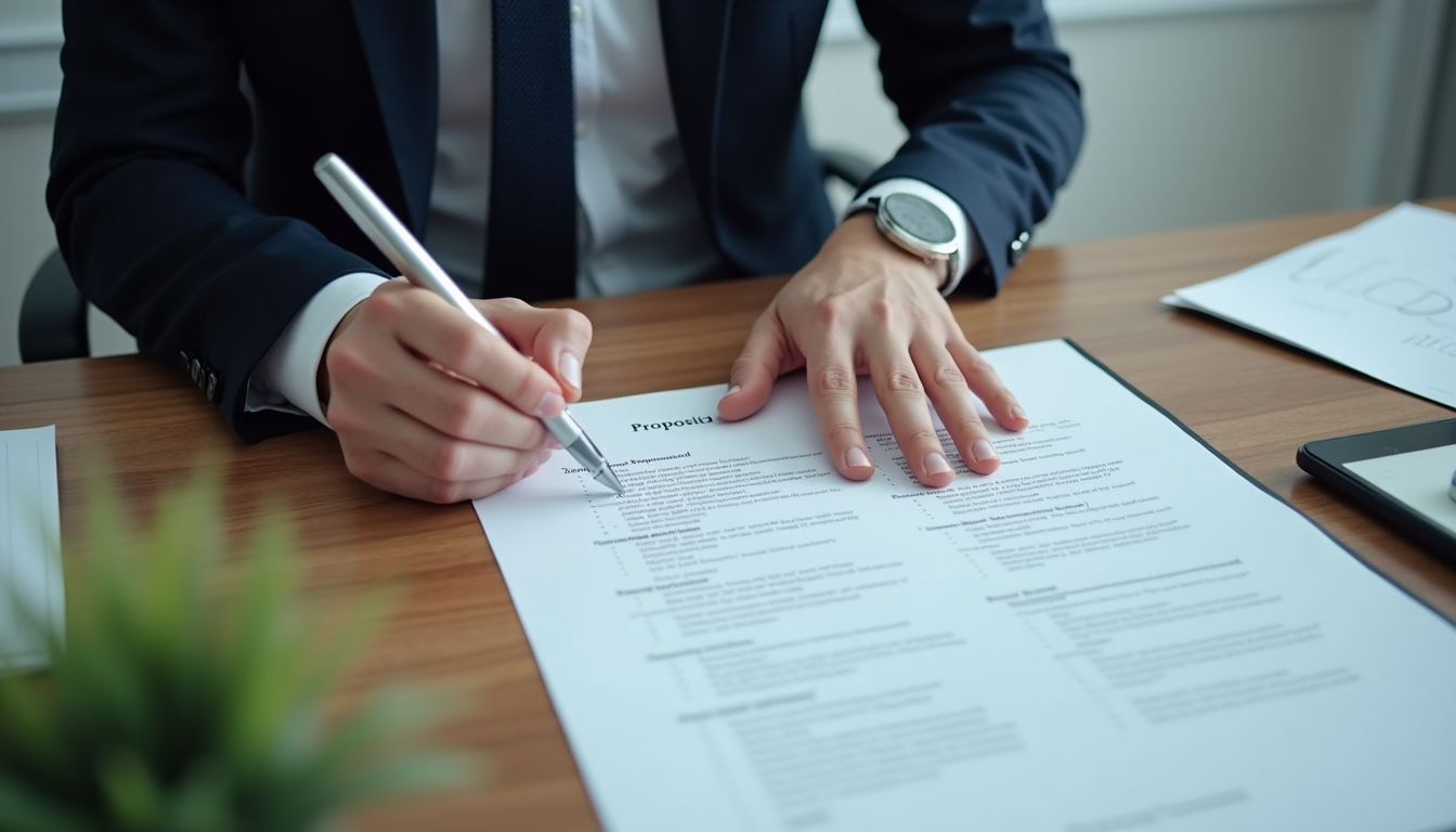 High angle view of a consultant preparing a proposal document