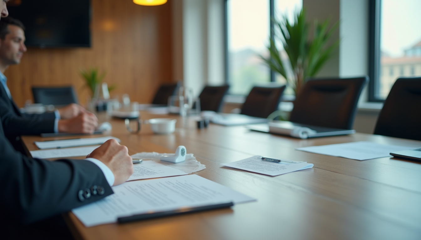 High angle view of a boardroom table with governance documents and laptops