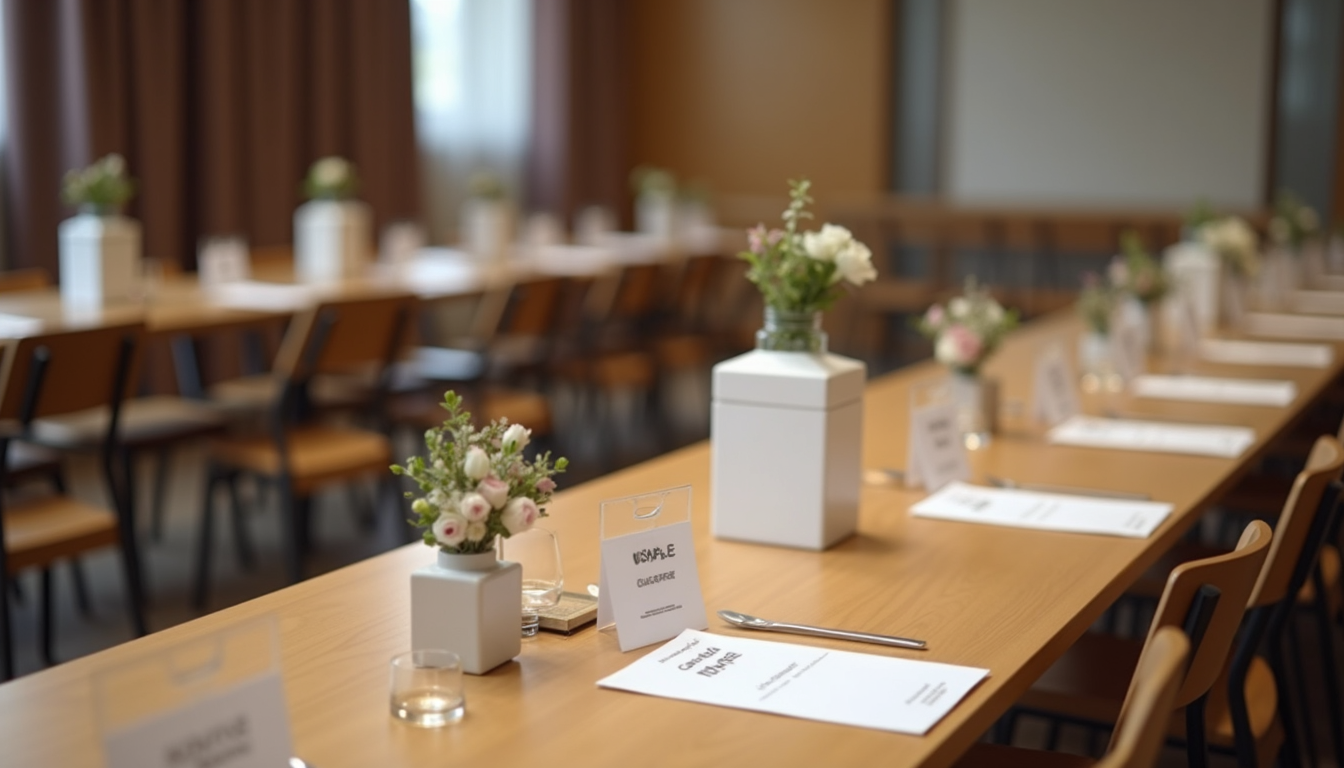High angle view of a fundraising event setup with tables and donation boxes