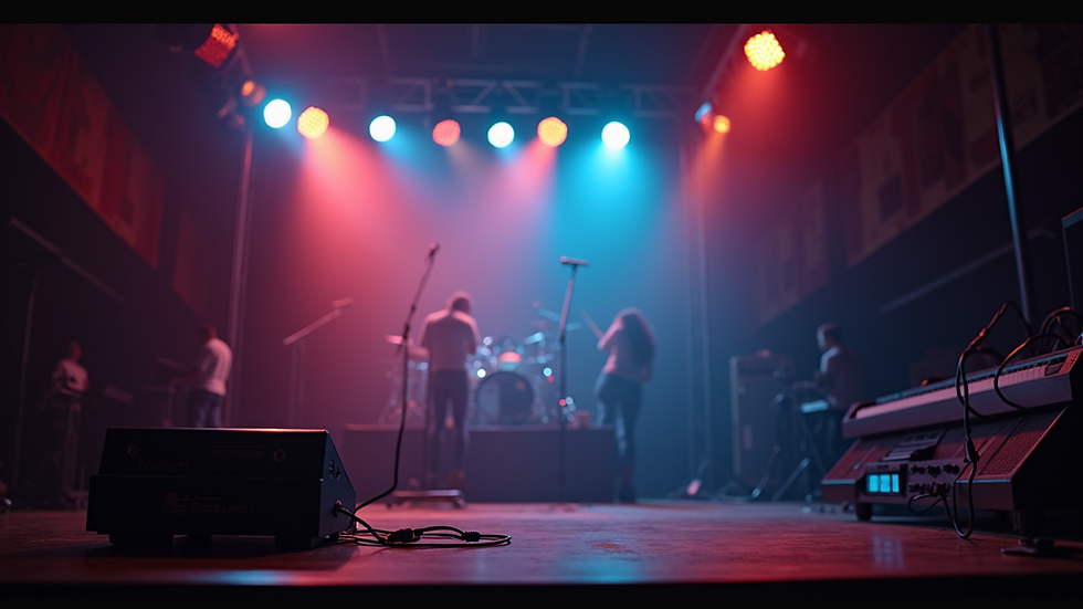 Close-up view of a stage with professional lighting and sound equipment