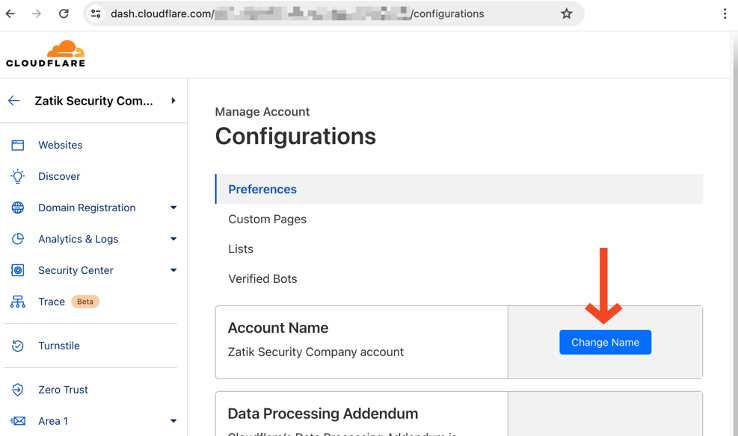 screenshot of the cloudflare console focusing on changing the account name