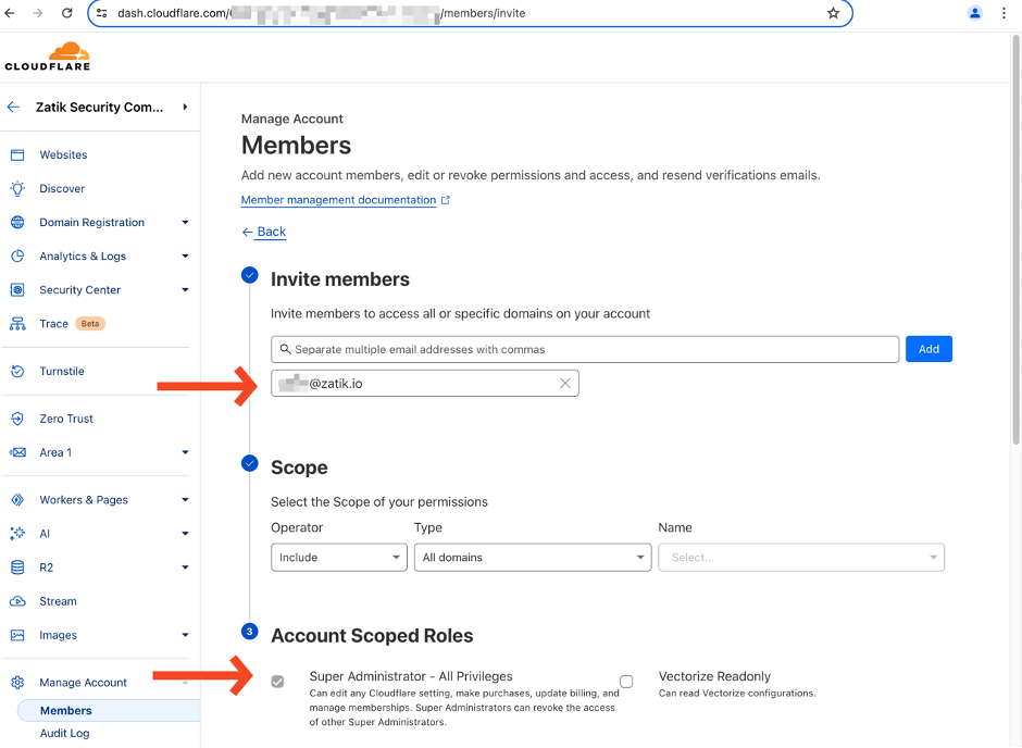 screenshot of the cloudflare console creating an account scoped role