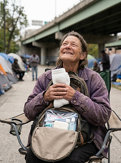 homeless woman looking at stuff in backpack.png