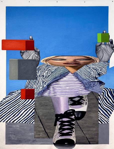 The blue beret painting as a collage by Sarah Gilbert