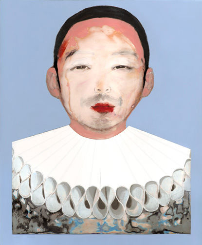 Sarah Gilbert painting of a friend portrait as a theatre commedian Pierrot la lune