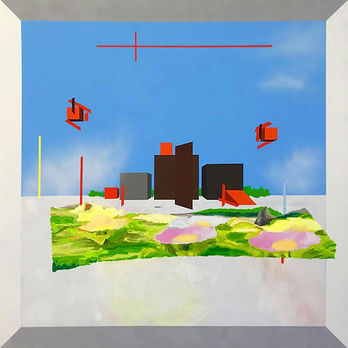 Painting by Sarah Gilbert of architectural modules with flowers and cubes in the air on a blue background and clouds