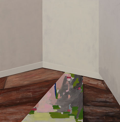 Painting by Sarah Gilbert of architectural interior scene with a wooden floor