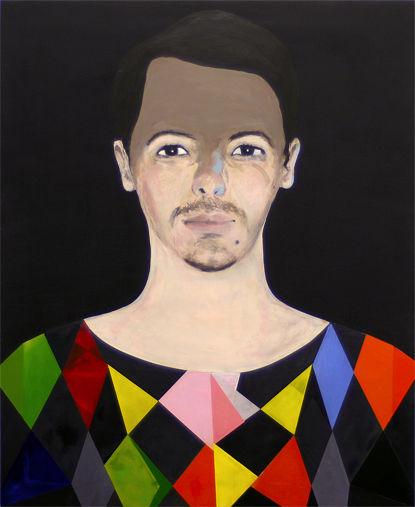 Sarah Gilbert painting of a friend portrait as a theatre commedian Arlequin