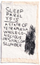 Textile sampler by artist Megan Kennedy. The artwork features the definition of sleep paralysis 