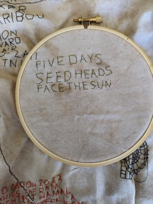 A textile artwork by Megan Kennedy. The embroidered fabric is dyed with mud and rust, and a short haiku poem is embroidered on the fabric.