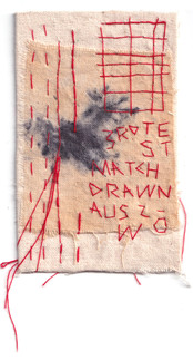 An abstract textile sampler collage with eucalyptus  eco printing and narrative text by Australian artist Megan Kennedy