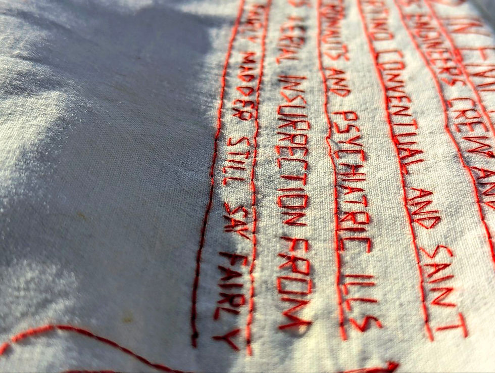 A photograph taken by textile artist and writer Megan Kennedy in Canberra Australia of several lines of hand embroidered poetry and text in red thread on a white cotton sheet.