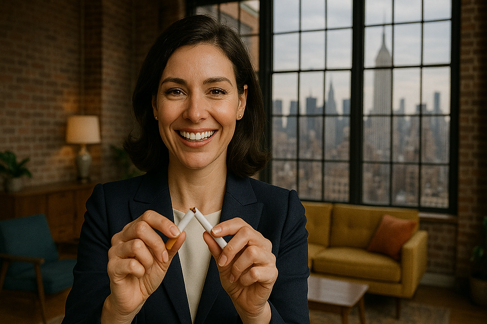 Woman snaps cigarette because she stops smoking thanks to self-hypnosis.