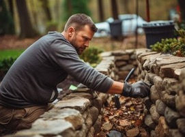 Maçon construisant un muret en pierre dans un jardin.