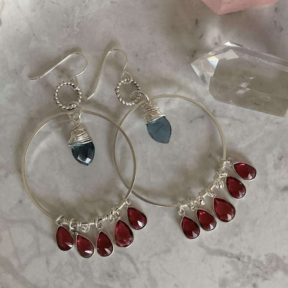 Thumbnail: Garnet Raindrop Hoops with Topaz 