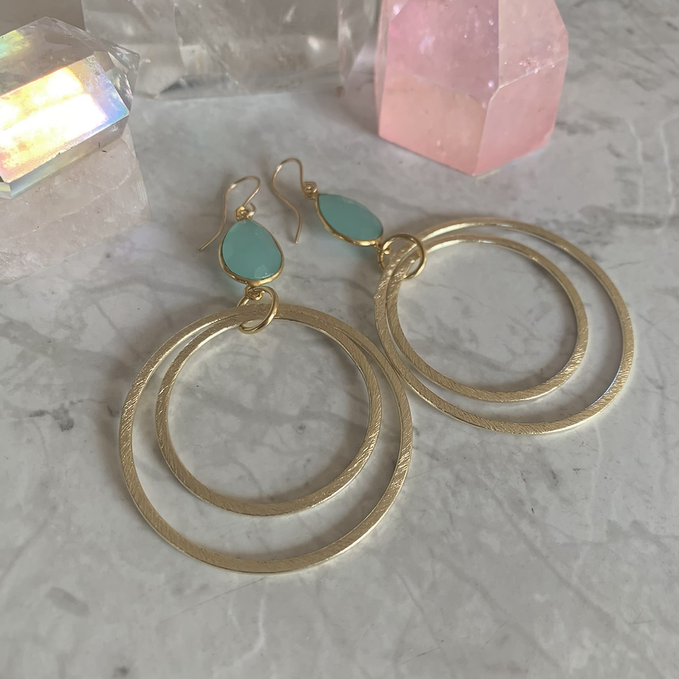 Thumbnail: Brushed Gold Aqua Chalcedony Hoops 