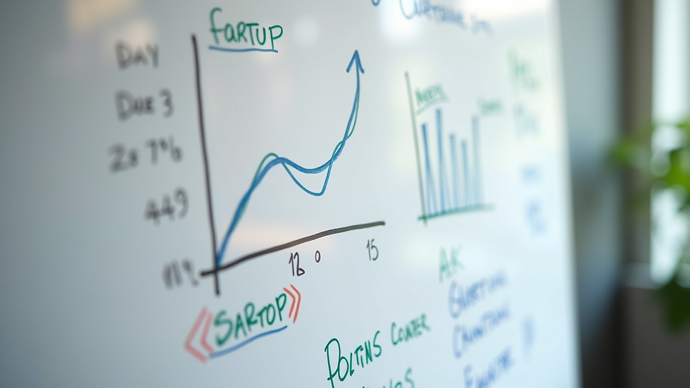 Close-up view of a whiteboard with startup growth plans and charts