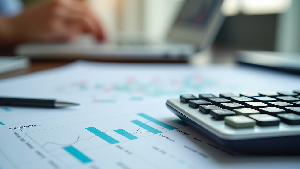 Close-up view of financial charts and calculator on a desk
