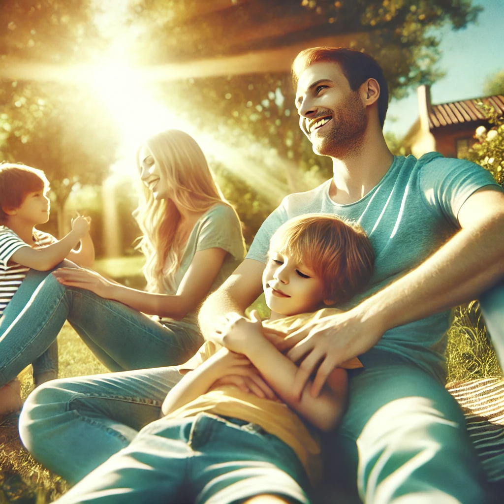Une famille partage un moment de qualité en plein air sous un soleil éclatant. L'image montre une ambiance joyeuse et détendue dans un cadre naturel.