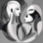 Two stylized women (one white and one larger and black), are depicted in a grayscale abstr