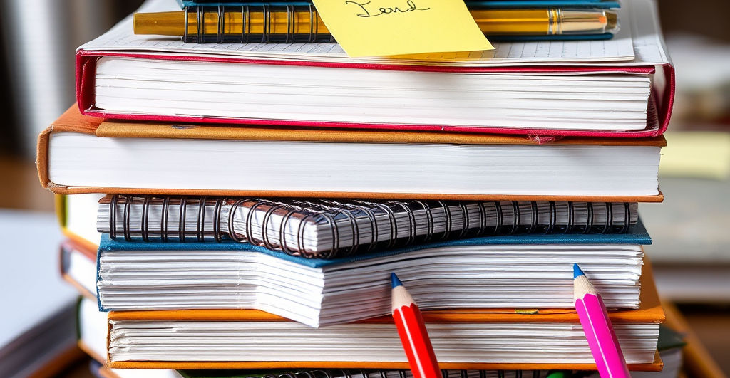 “Stack of student journals and personal 