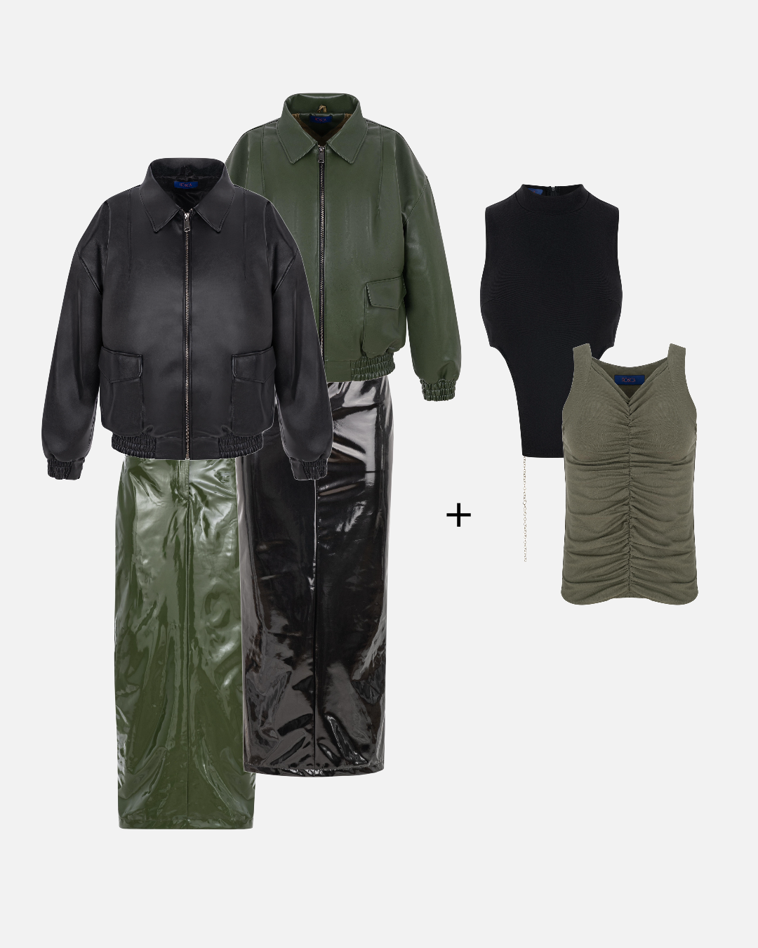 Бомбер з еко-шкіри з лаковою спідницею+топ на вибір у подарунок