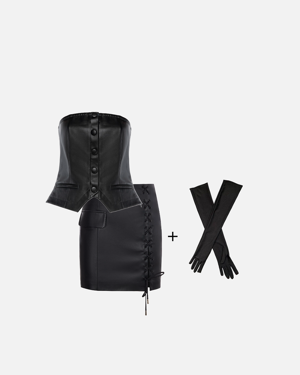 Корсет шкіряний з спідницею міні+рукавиці у подарунок